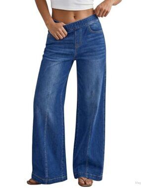 High Rise Wide Leg Pull On Jeans Stretchy Denim Pants w/ Pockets